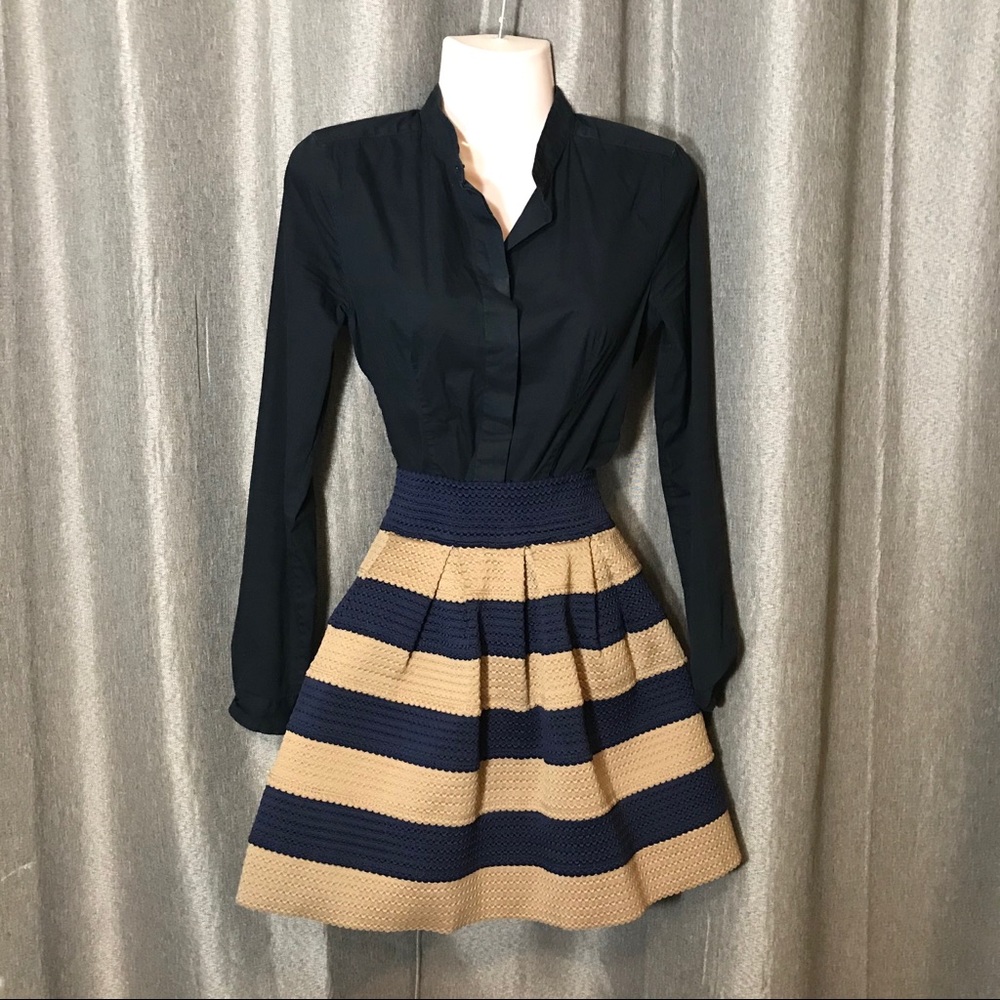 Pleated Stripe Puffy Navy Tan Structured FSR Skirt
